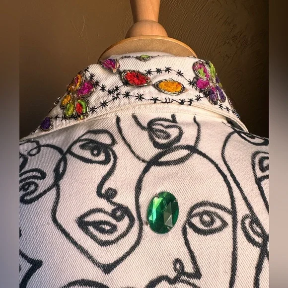 Handmade Upcycled White Denim Jacket Small Artist Embroidered One-of-a-Kind Coat - Picture 5 of 9
